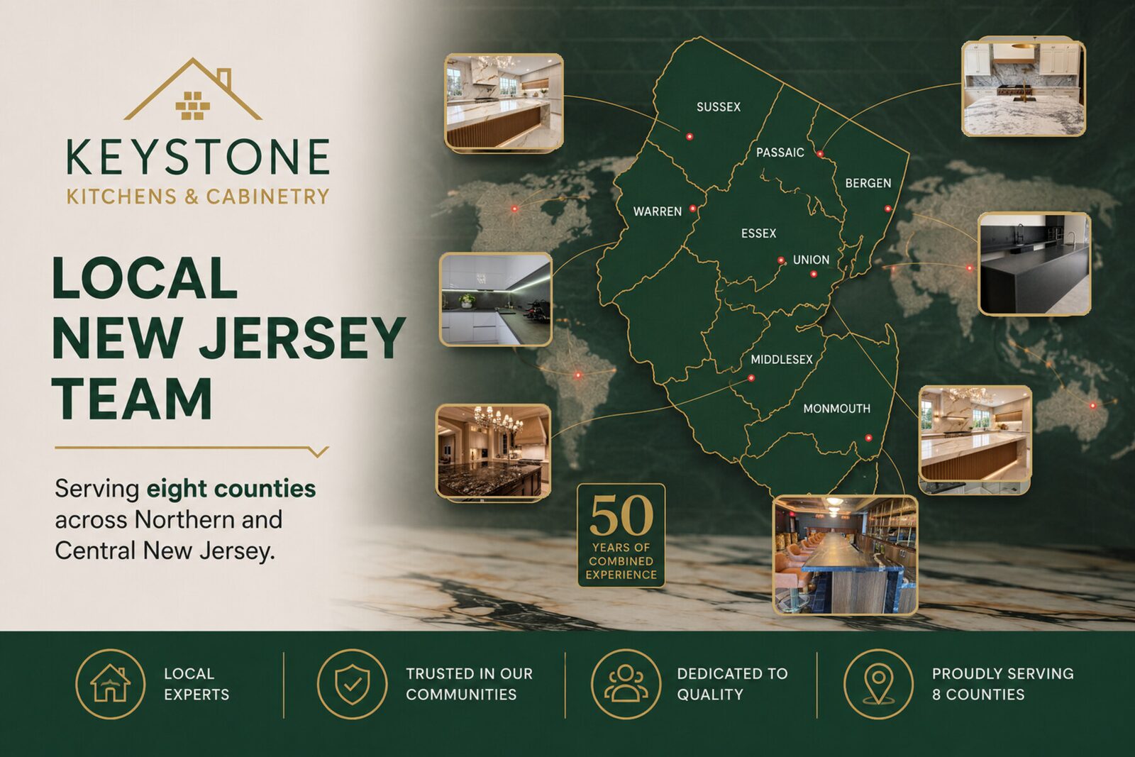 Map of the New Jersey counties served by Keystone Kitchens & Cabinetry, surrounded by photographs of completed projects.