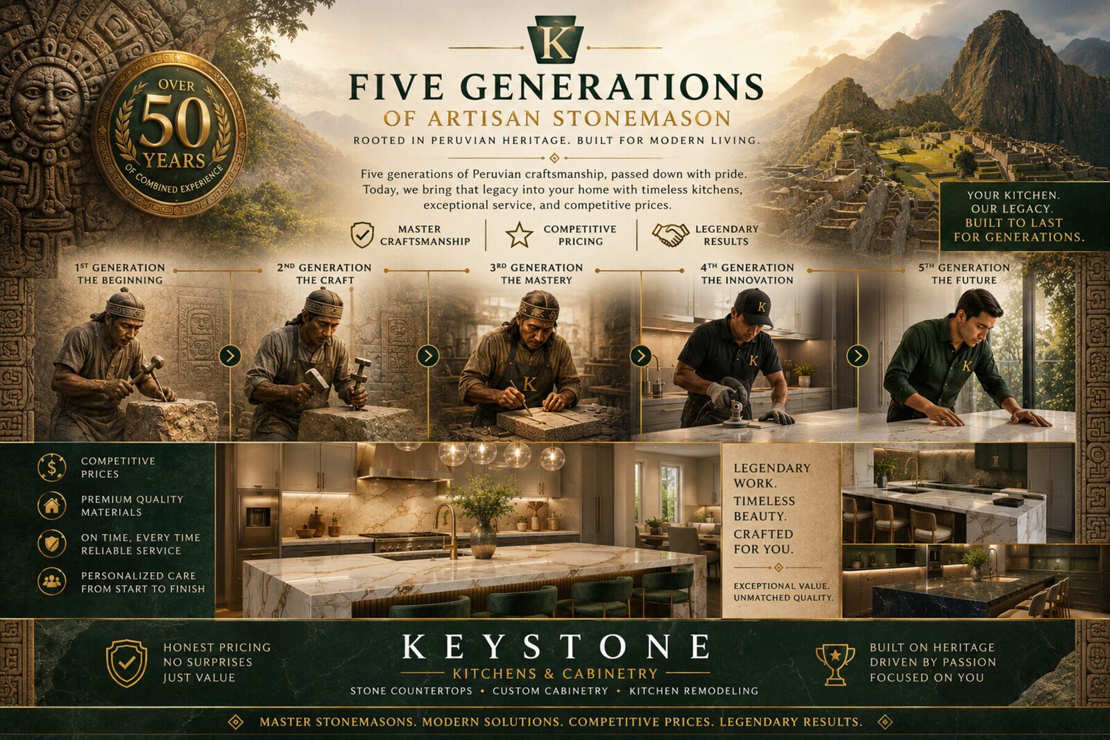 Five generations of Peruvian stonemasons, from hand-carved stone to modern kitchen fabrication.